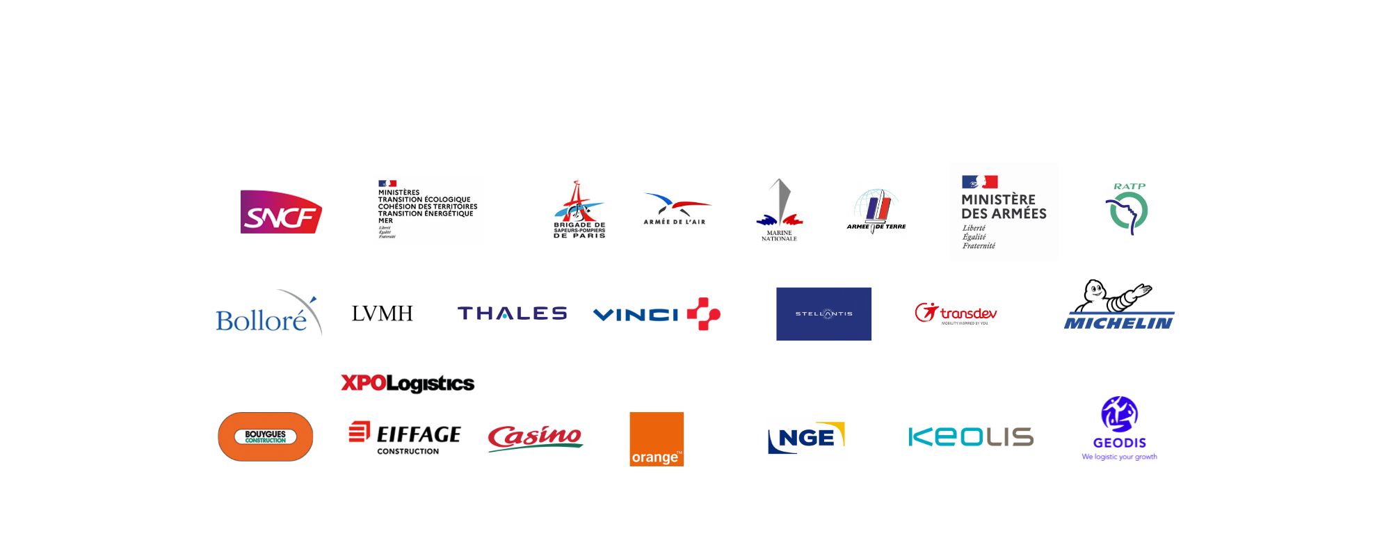 Logos de nos partenaires transport et industrie SNCF Ministères Armée Brigade de Paris Marine Nationale Armée de Terre RATP Bolloré LVMH Thales Vinci Stellantis Transdev Michelin XPO Logistics Eiffage Casino Orange Bouygues NGE Keolis Geodis