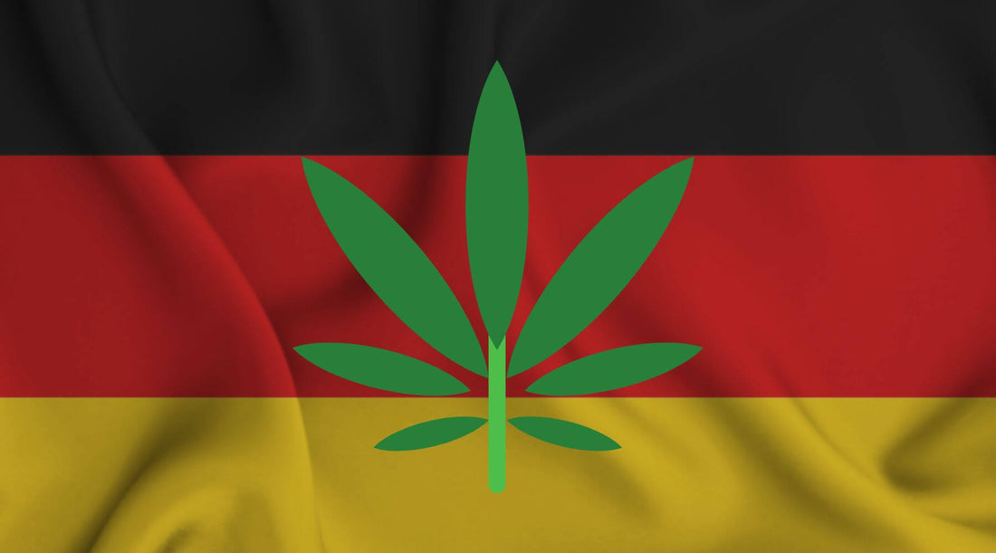 Drapeau allemand et feuille de cannabis illustrant la légalisation en Allemagne