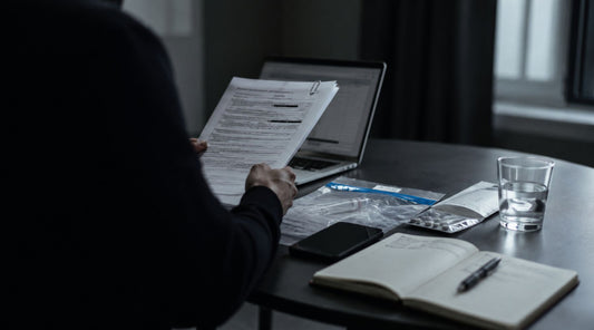 Enquête sur l’opération Médusa avec documents confidentiels, ordinateur, échantillons toxicologiques, médicaments et verre d’eau sur un bureau.