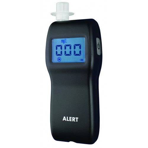 éthylotest électronique professionnels écran LCD allumé Alert J4X, ses piles et ses embouts buccaux jetables, certifié norme EN 15964.