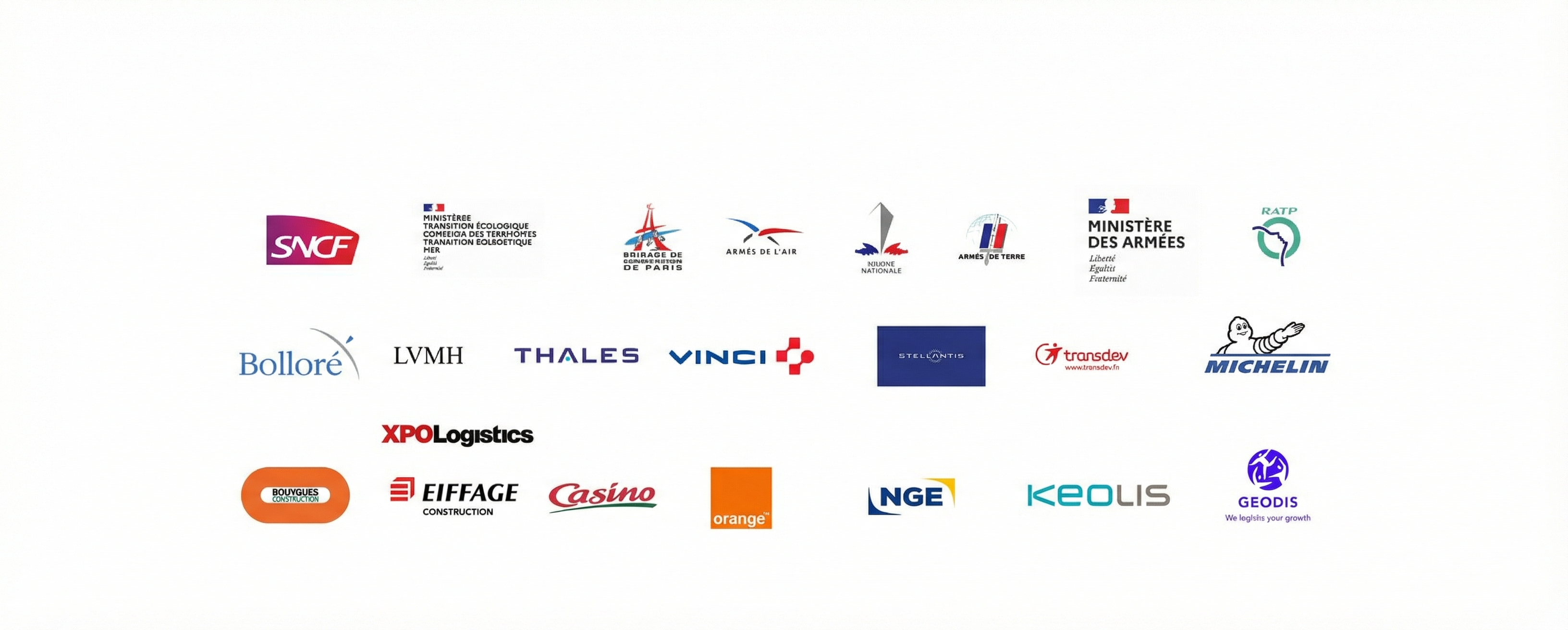 Logos de nos partenaires transport et industrie SNCF Ministères Armée Brigade de Paris Marine Nationale Armée de Terre RATP Bolloré LVMH Thales Vinci Stellantis Transdev Michelin XPO Logistics Eiffage Casino Orange Bouygues NGE Keolis Geodis
