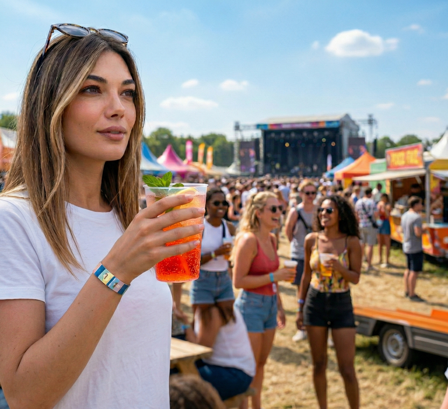 Femme portant un bracelet de détection test ton verre anti  GHB et Kétamine Toda Pharma au poignet lors d’un événement festif – prévention soumission chimique